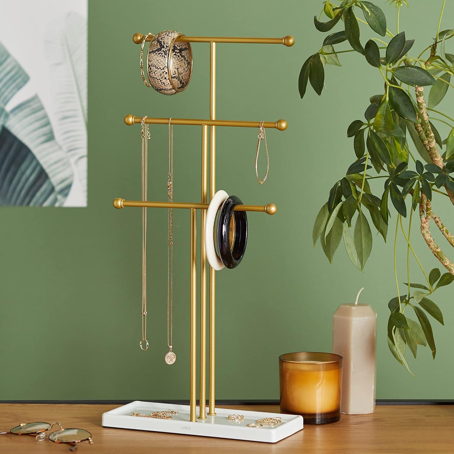 image:imageUmbra Trigem Hanging Jewelry Organizer Tiered Tabletop Countertop Free Standing Necklace Holder Display 3 BrassWhiteWhiteBrass Legacy