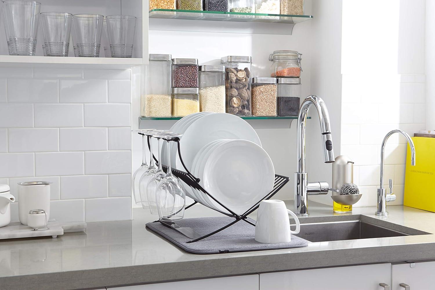 image:imageUmbra XDRY Dish Drying Rack and Microfiber Dish Mat Space Saving Lightweight Design Folds Up For Easy Storage Charcoal