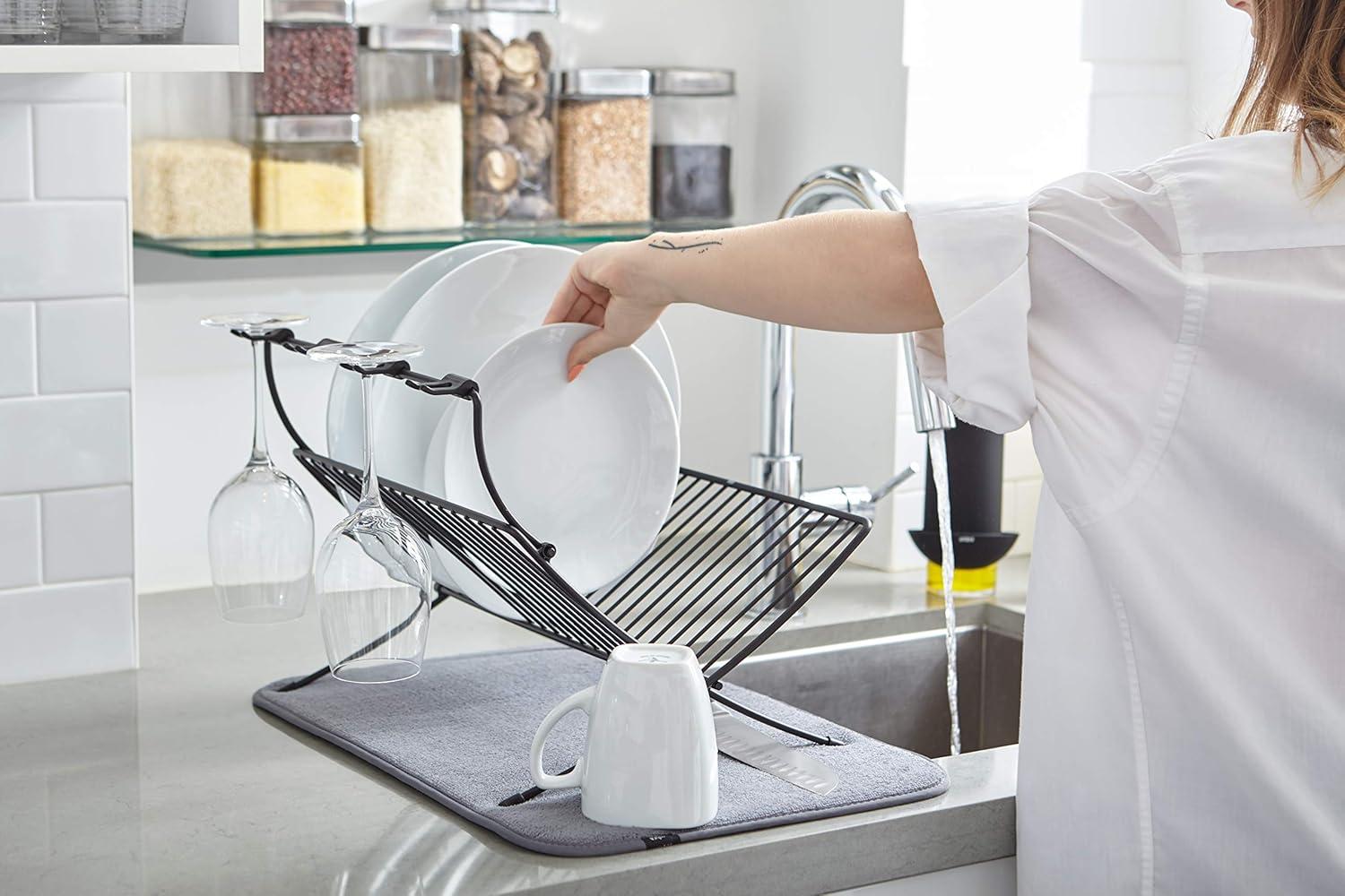 image:imageUmbra XDRY Dish Drying Rack and Microfiber Dish Mat Space Saving Lightweight Design Folds Up For Easy Storage Charcoal
