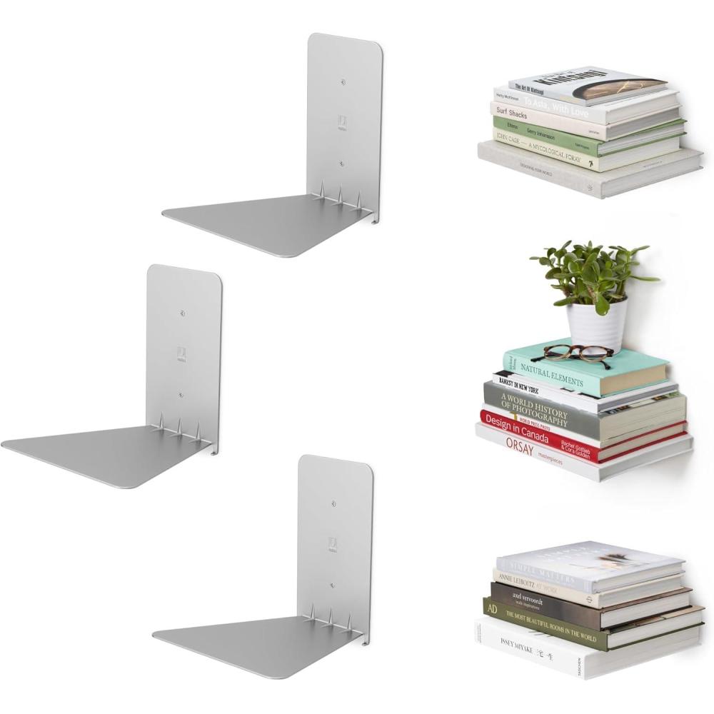 image:imageUUmbra Conceal Sturdy Metal Floating Bookshelf for Wall Set of 3 Large Silver 1005073560Silver