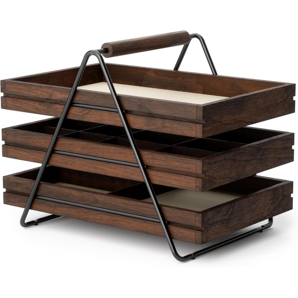image:imageUmbra 1004037048 Terrace Jewelry Tray ThreeTier Jewelry Tray With Three Sliding Linen Lined Wood Trays With Metal Frame and Handle Easy Storage and Access BlackWalnut Finish7 x 10 x 8 inches