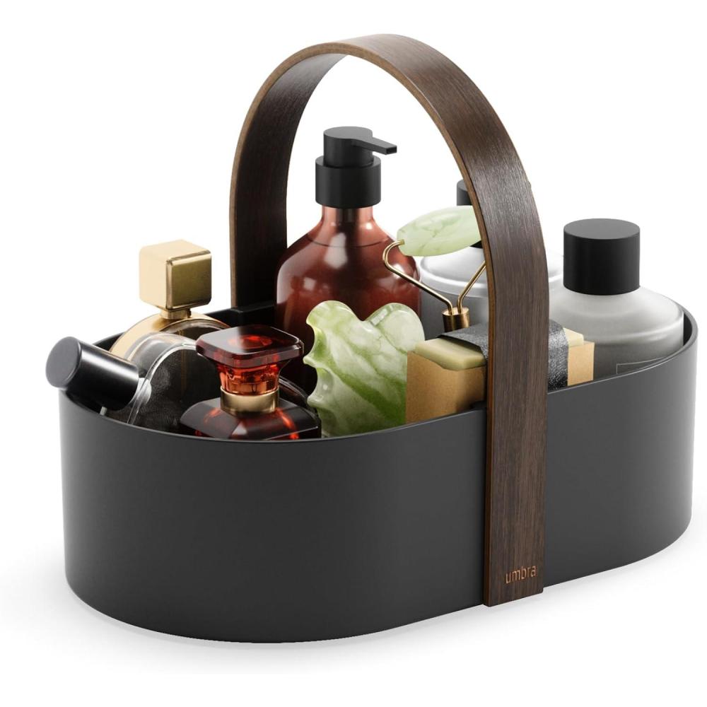 image:imageUmbra Bellwood Caddy Organizer for Makeup and Cosmetics Durable Rotating Container with Wooden Handle Large WhiteNaturalBlackWalnut