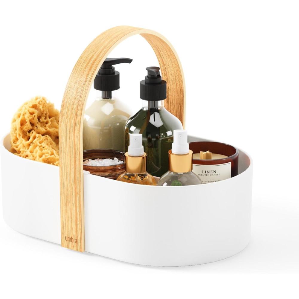 image:imageUmbra Bellwood Caddy Organizer for Makeup and Cosmetics Durable Rotating Container with Wooden Handle Large WhiteNaturalWhiteNatural