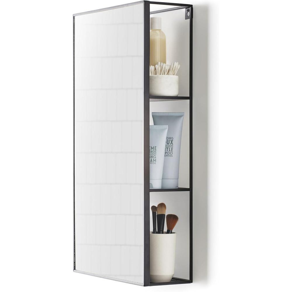 image:imageUmbra Cubiko 24x12 Rectangular Black Metal Bathroom Mirror Storage Cabinet with 3 Shelves