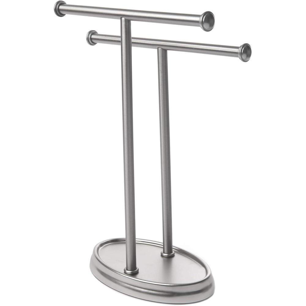 image:imageUmbra Palm Double Hand Towel Tree Brushed Nickel 2 Towels Holder and Accessories Stand for Bathroom Vanities Slim Modern Durable Bars With Base Serves as a Jewelry Tray for Rings 425 Length x 105 Height x 375 Width Model021019410Modern