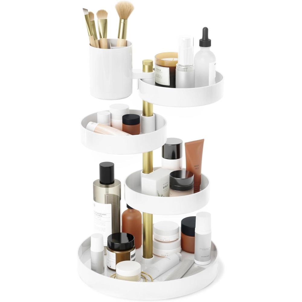 image:imageUmbra Pirouette Cosmetic Organizer Large Capacity Makeup Storage with Adjustable Compartments ClearNickelWhiteBrass