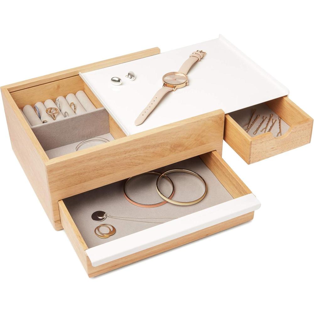 image:imageUmbra Stowit Jewelry Box Modern Keepsake Storage Organizer with Hidden Compartment Drawers for Ring Bracelet Watch Necklace Earrings and Accessories BlackWalnutWhiteNatural