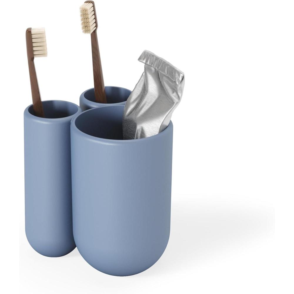 image:imageUmbra Touch Toothbrush Holder and Toothpaste Organizer Modern Bathroom Storage with Three Comparments GreySlate Blue