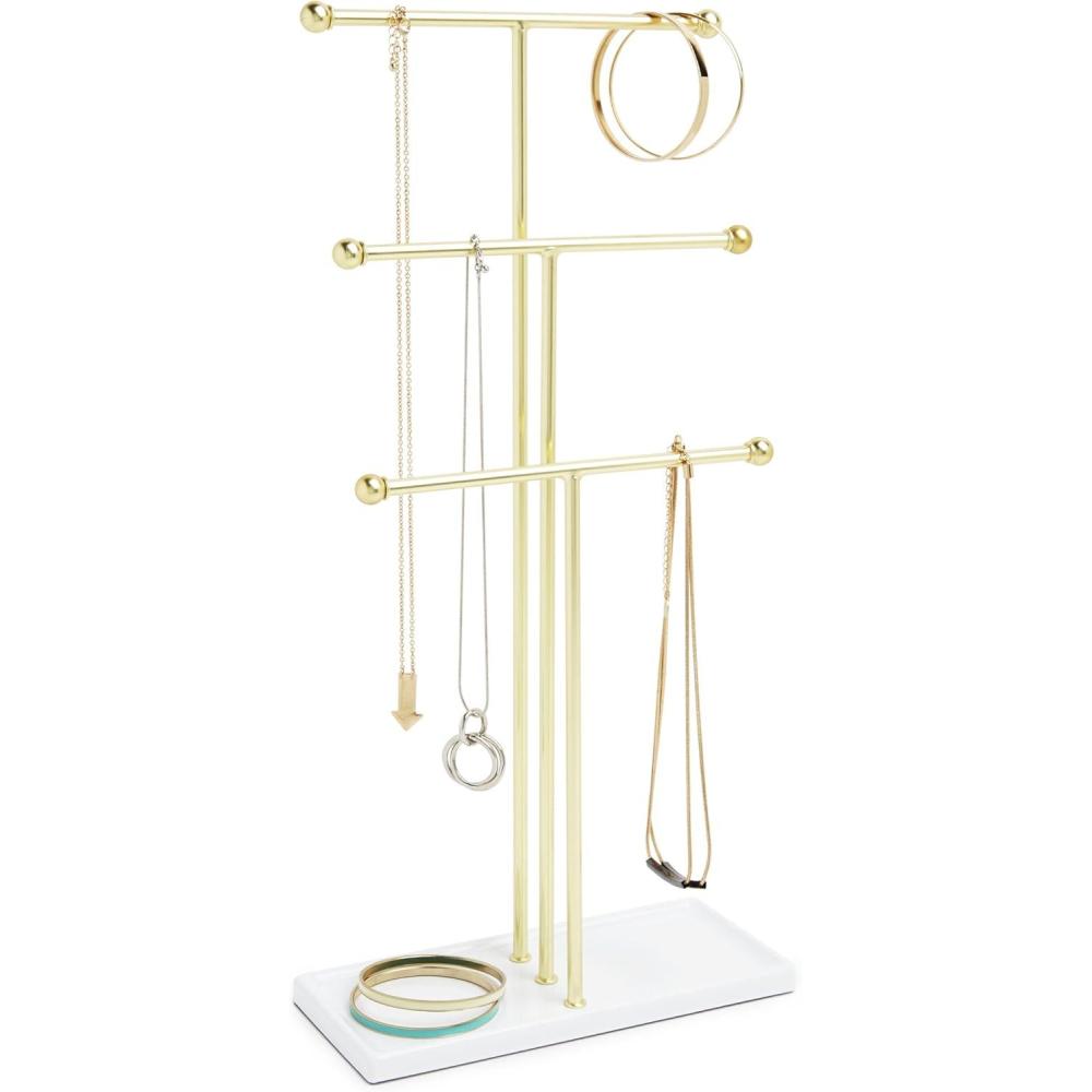 image:imageUmbra Trigem Hanging Jewelry Organizer Tiered Tabletop Countertop Free Standing Necklace Holder Display 3 BrassWhiteWhiteBrass Legacy