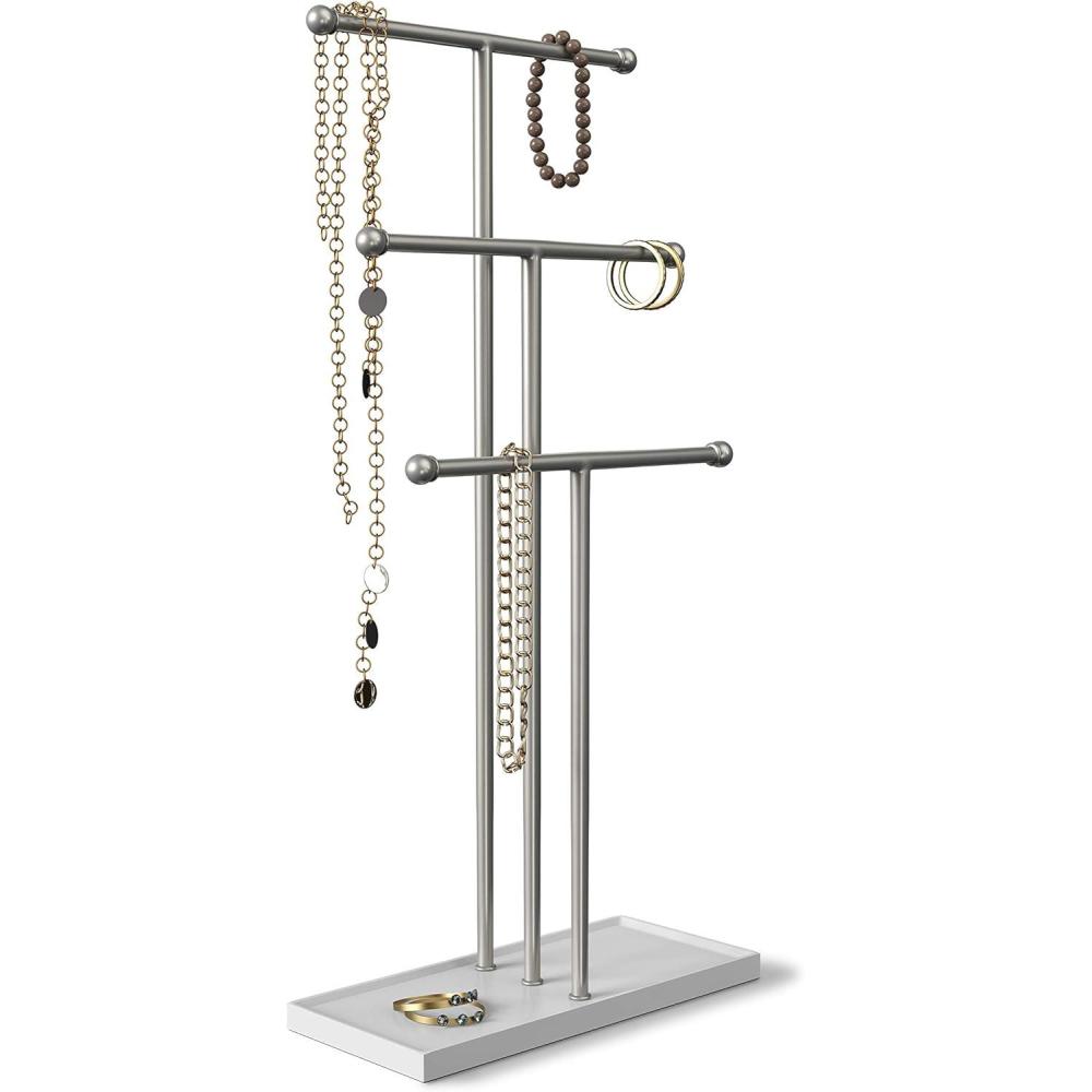image:imageUmbra Trigem Hanging Jewelry Organizer Tiered Tabletop Countertop Free Standing Necklace Holder Display 3 BrassWhiteWhiteNickel