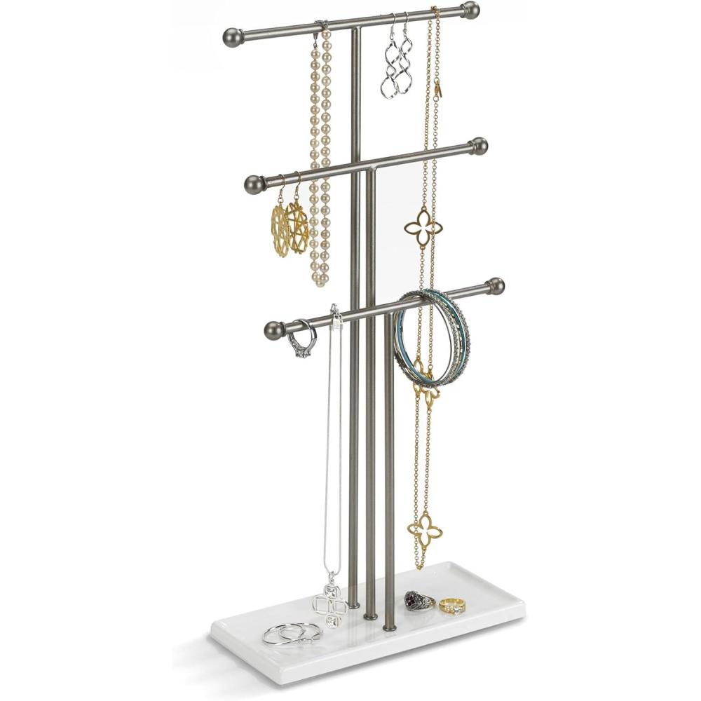image:imageUmbra Trigem Hanging Jewelry Organizer Tiered Tabletop Free Standing Necklace Holder Display WhiteNickelWhiteNickel