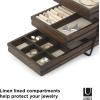 Umbra 1004037-048 Terrace Jewelry Tray – Three-Tier Jewelry Tray With Three Sliding Linen Lined Wood Trays With Metal Frame and Handle, Easy Storage and Access, Black/Walnut Finish(7 x 10 x 8 inches)