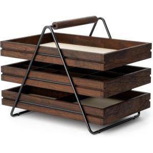 Umbra 1004037-048 Terrace Jewelry Tray – Three-Tier Jewelry Tray With Three Sliding Linen Lined Wood Trays With Metal Frame and Handle, Easy Storage and Access, Black/Walnut Finish(7 x 10 x 8 inches)