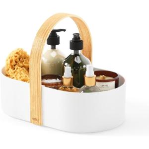 Umbra Bellwood Caddy, Organizer for Makeup and Cosmetics, Durable Rotating Container with Wooden Handle, Large, White/Natural(White/Natural)