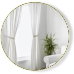 Umbra Hub Round Wall Mirror with Rubber Frame, Modern Style for Bathroom, Entryway, Living Room and More, 18-Inch, Black(Brass)