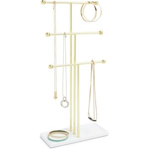Umbra Trigem Hanging Jewelry Organizer Tiered Tabletop Countertop Free Standing Necklace Holder Display, 3, Brass/White(White/Brass (Legacy))