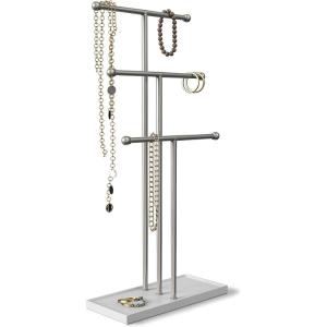 Umbra Trigem Hanging Jewelry Organizer Tiered Tabletop Countertop Free Standing Necklace Holder Display, 3, Brass/White(White/Nickel)