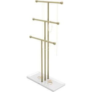 Umbra Trigem Hanging Jewelry Organizer Tiered Tabletop Free Standing Necklace Holder Display, White/Nickel(White/Gold)