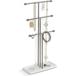 Umbra Trigem Hanging Jewelry Organizer Tiered Tabletop Free Standing Necklace Holder Display, White/Nickel(White/Nickel)