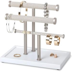 Umbra Trigem Three Tiered Tabletop Organizer for Necklace, Bracelets and Earrings, 3, White Nickel(White/Nickel)