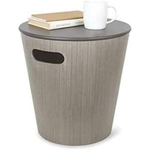 Umbra Woodrow, Modern Ottoman with Storage, Large Round Stool, Natural Wood/White(Grey)