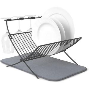 Umbra XDRY Dish Drying Rack and Microfiber Dish Mat – Space Saving Lightweight Design, Folds Up For Easy Storage, Charcoal