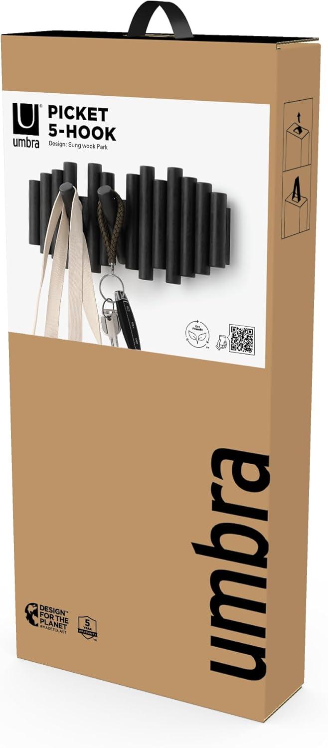 image:imageUmbra Picket Coat Rack with 8 Hooks Walnut WallMounted Coat Rack with FlipDown Wooden Hooks Real Pine Wood Decorative Wall Storage for Jackets Hats Scarves Bags Entryway Bedroom Living RoomBlack