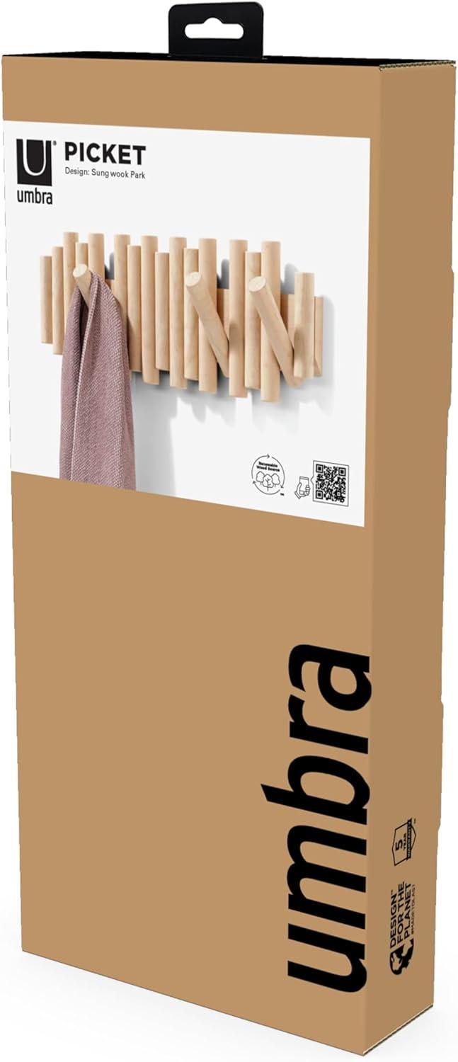 image:imageUmbra Picket Coat Rack with 8 Hooks Walnut WallMounted Coat Rack with FlipDown Wooden Hooks Real Pine Wood Decorative Wall Storage for Jackets Hats Scarves Bags Entryway Bedroom Living RoomNatural