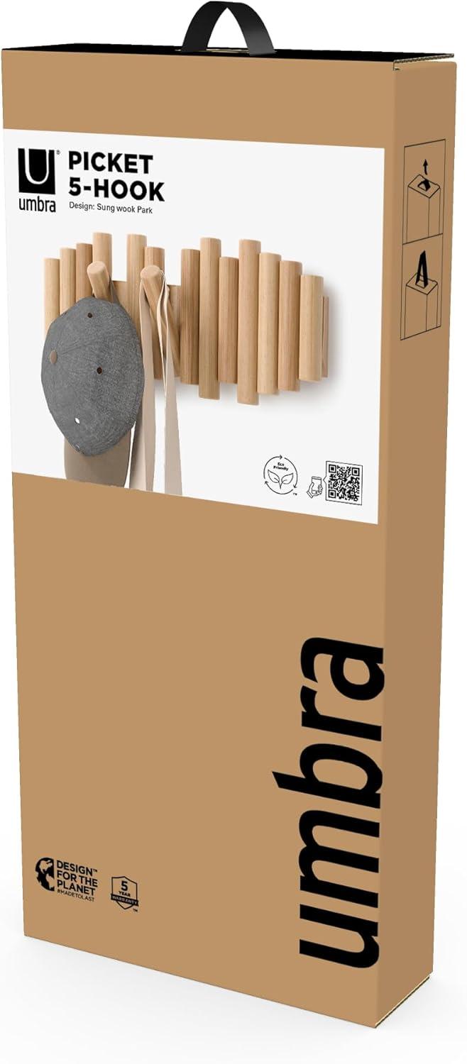 image:imageUmbra Picket Coat Rack with 8 Hooks Walnut WallMounted Coat Rack with FlipDown Wooden Hooks Real Pine Wood Decorative Wall Storage for Jackets Hats Scarves Bags Entryway Bedroom Living RoomNatural