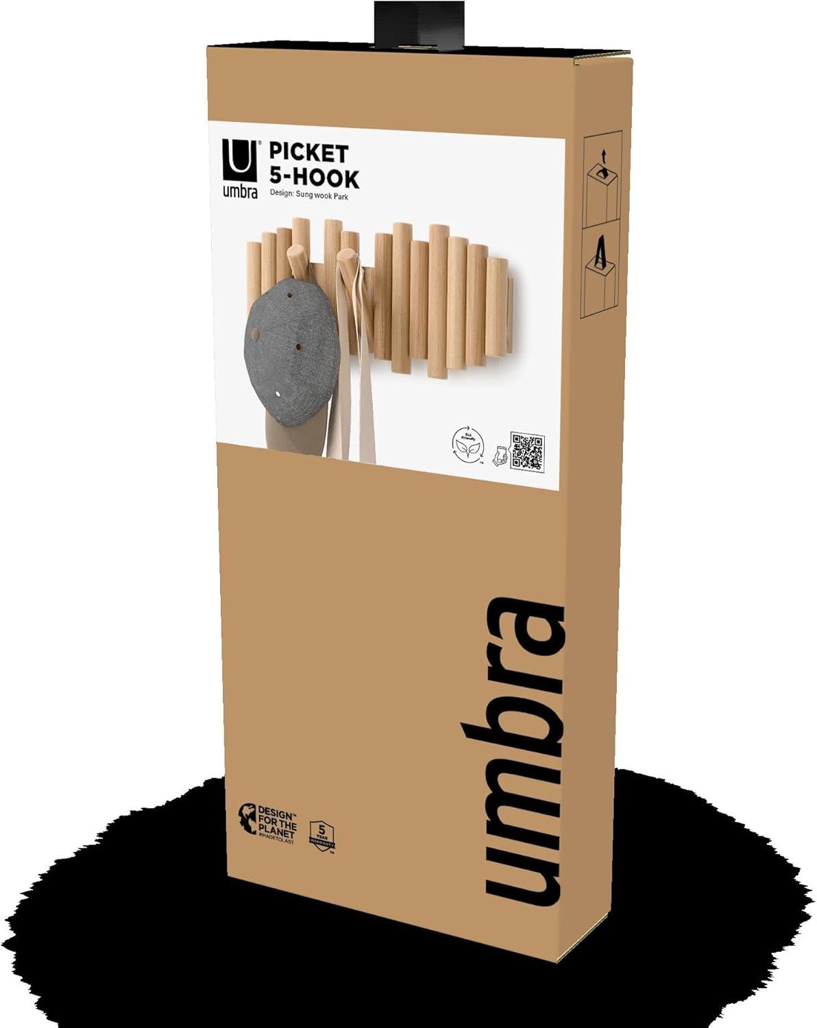 image:imageUmbra Picket Coat Rack with 8 Hooks Walnut WallMounted Coat Rack with FlipDown Wooden Hooks Real Pine Wood Decorative Wall Storage for Jackets Hats Scarves Bags Entryway Bedroom Living RoomNatural