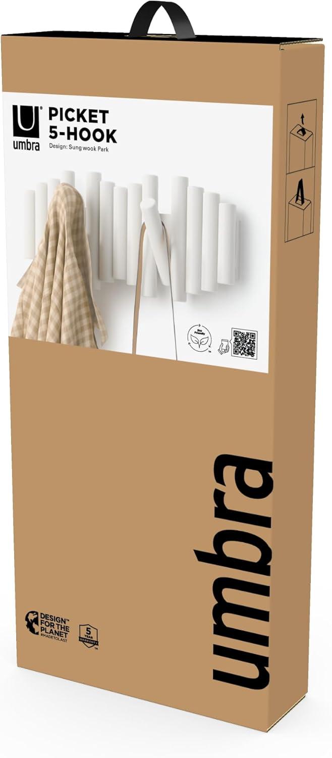 image:imageUmbra Picket Coat Rack with 8 Hooks Walnut WallMounted Coat Rack with FlipDown Wooden Hooks Real Pine Wood Decorative Wall Storage for Jackets Hats Scarves Bags Entryway Bedroom Living RoomWhite