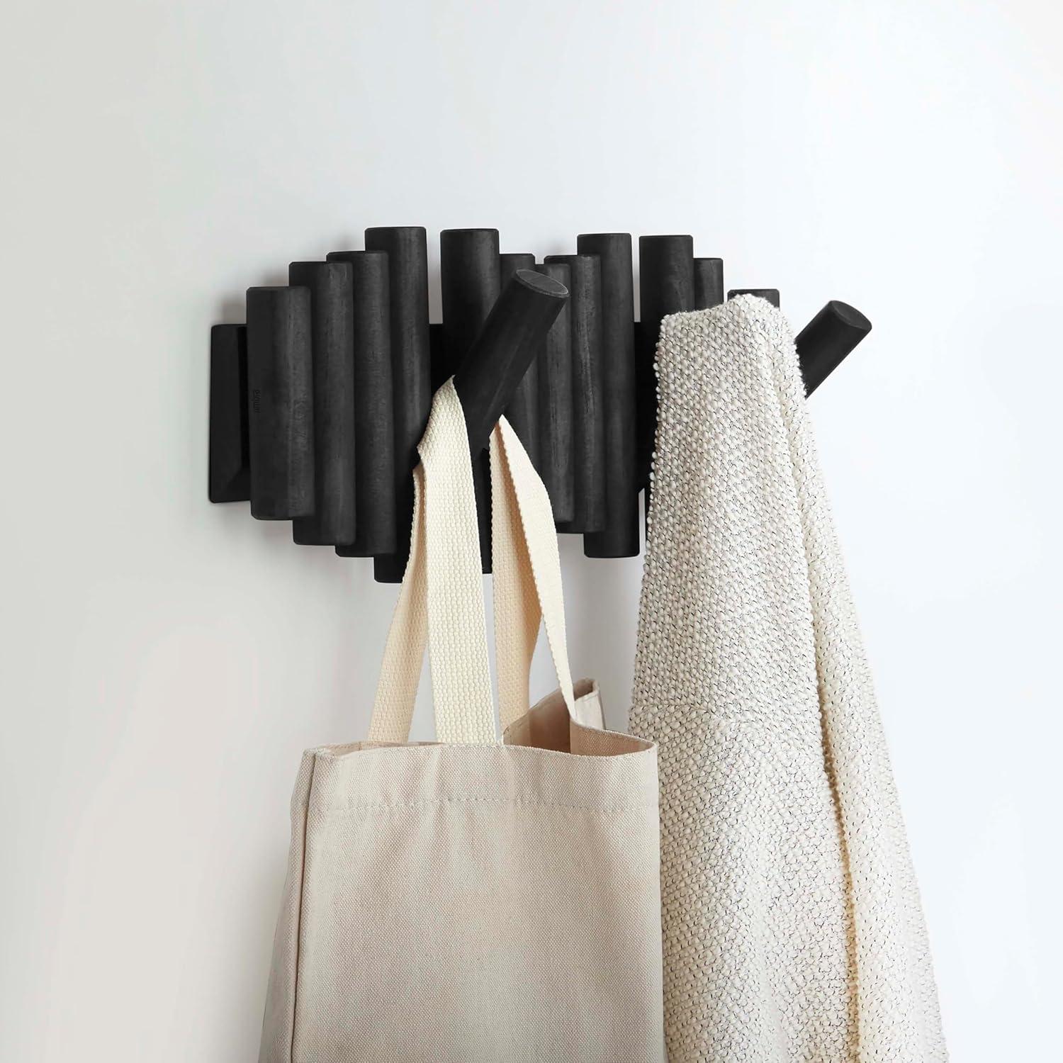 image:imageUmbra Picket Coat Rack with 8 Hooks Walnut WallMounted Coat Rack with FlipDown Wooden Hooks Real Pine Wood Decorative Wall Storage for Jackets Hats Scarves Bags Entryway Bedroom Living RoomBlack