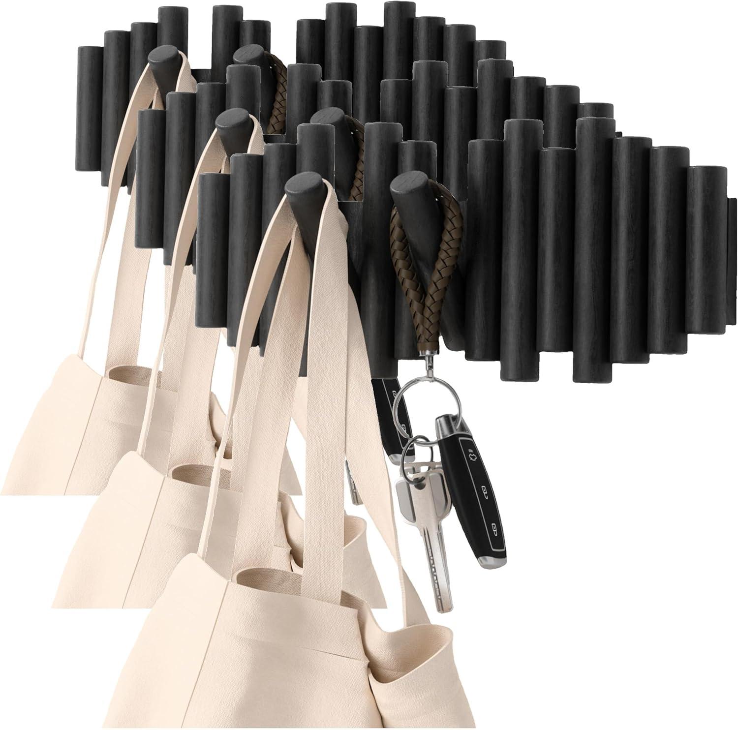 image:imageUmbra Picket Coat Rack with 8 Hooks Walnut WallMounted Coat Rack with FlipDown Wooden Hooks Real Pine Wood Decorative Wall Storage for Jackets Hats Scarves Bags Entryway Bedroom Living RoomBlack