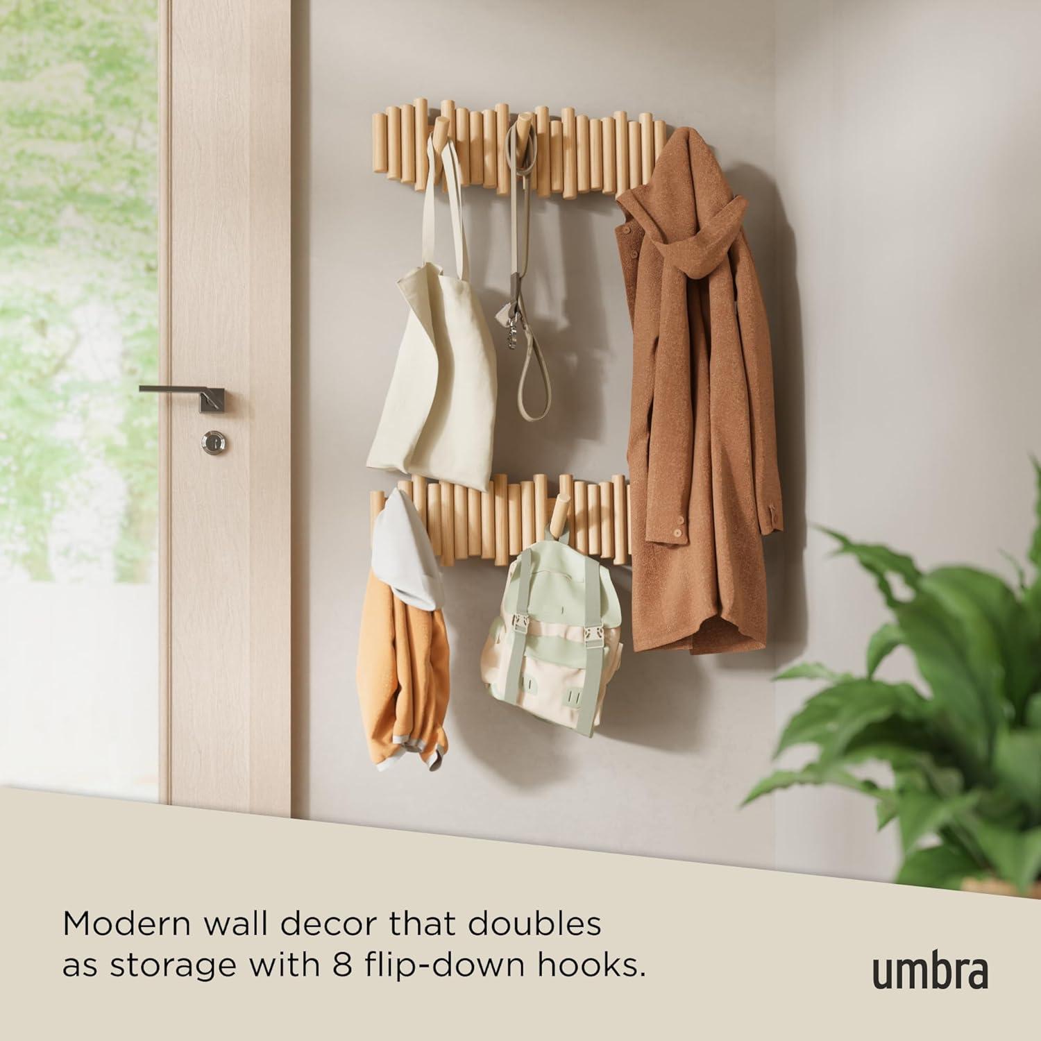 image:imageUmbra Picket Coat Rack with 8 Hooks Walnut WallMounted Coat Rack with FlipDown Wooden Hooks Real Pine Wood Decorative Wall Storage for Jackets Hats Scarves Bags Entryway Bedroom Living RoomNatural