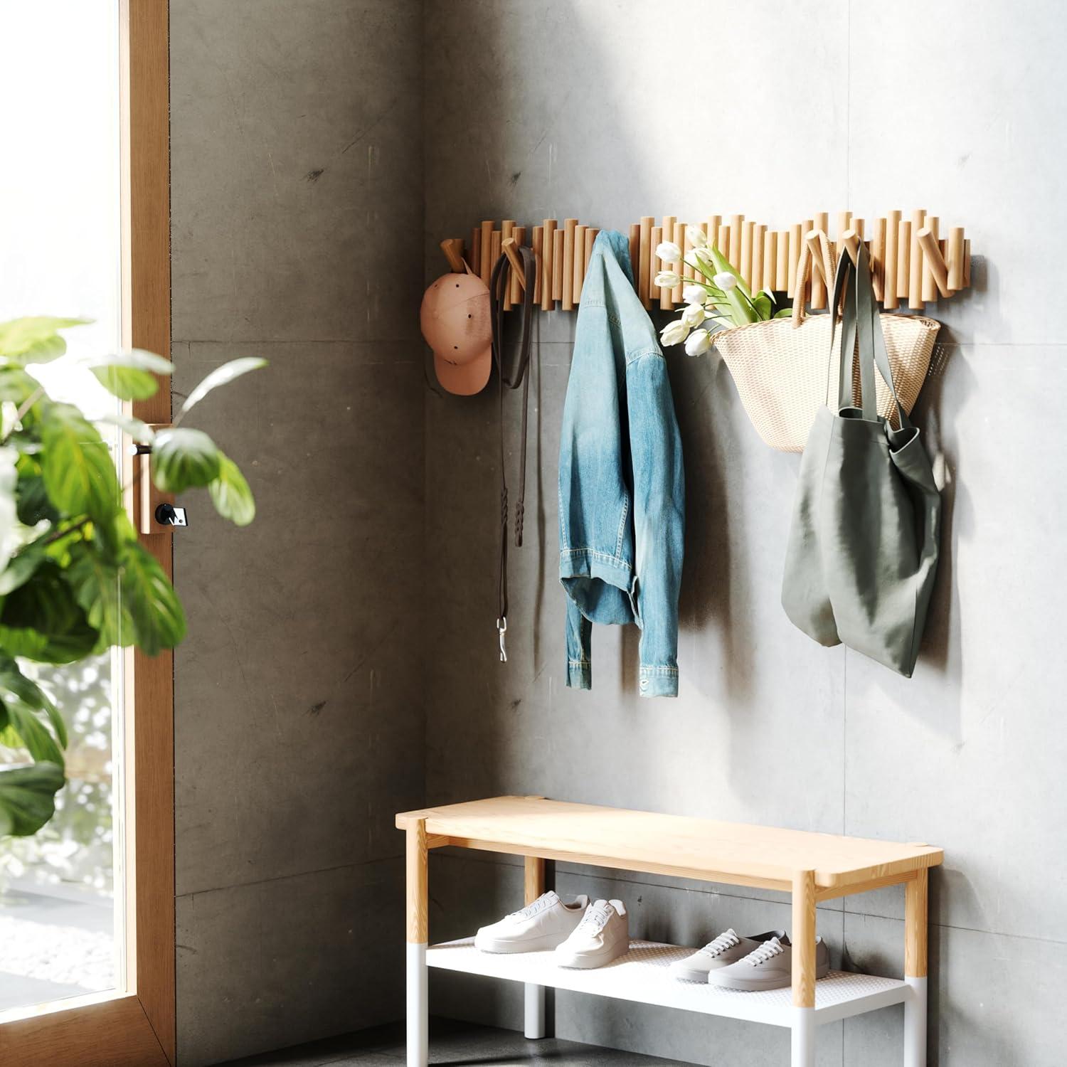 image:imageUmbra Picket Coat Rack with 8 Hooks Walnut WallMounted Coat Rack with FlipDown Wooden Hooks Real Pine Wood Decorative Wall Storage for Jackets Hats Scarves Bags Entryway Bedroom Living RoomNatural