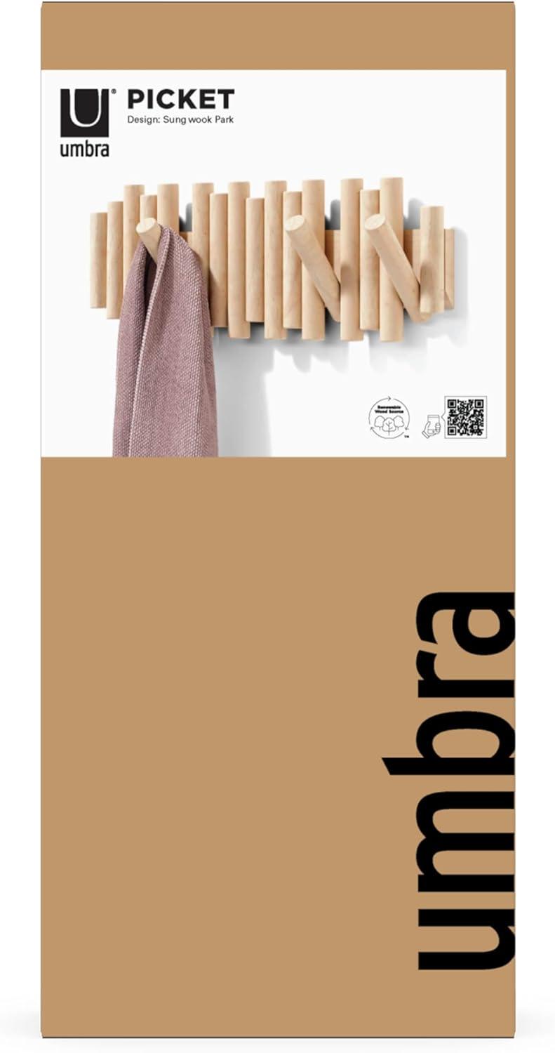 image:imageUmbra Picket Coat Rack with 8 Hooks Walnut WallMounted Coat Rack with FlipDown Wooden Hooks Real Pine Wood Decorative Wall Storage for Jackets Hats Scarves Bags Entryway Bedroom Living RoomNatural