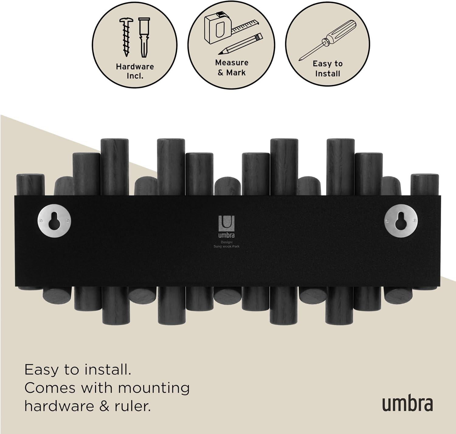 image:imageUmbra Picket Coat Rack with 8 Hooks Walnut WallMounted Coat Rack with FlipDown Wooden Hooks Real Pine Wood Decorative Wall Storage for Jackets Hats Scarves Bags Entryway Bedroom Living RoomBlack