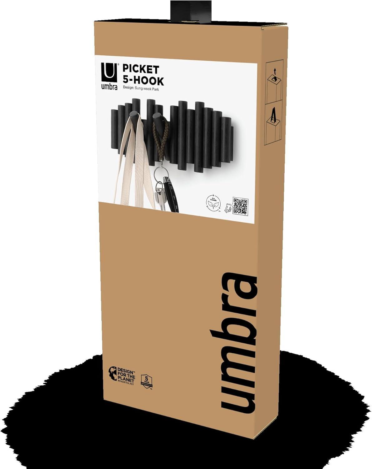 image:imageUmbra Picket Coat Rack with 8 Hooks Walnut WallMounted Coat Rack with FlipDown Wooden Hooks Real Pine Wood Decorative Wall Storage for Jackets Hats Scarves Bags Entryway Bedroom Living RoomBlack