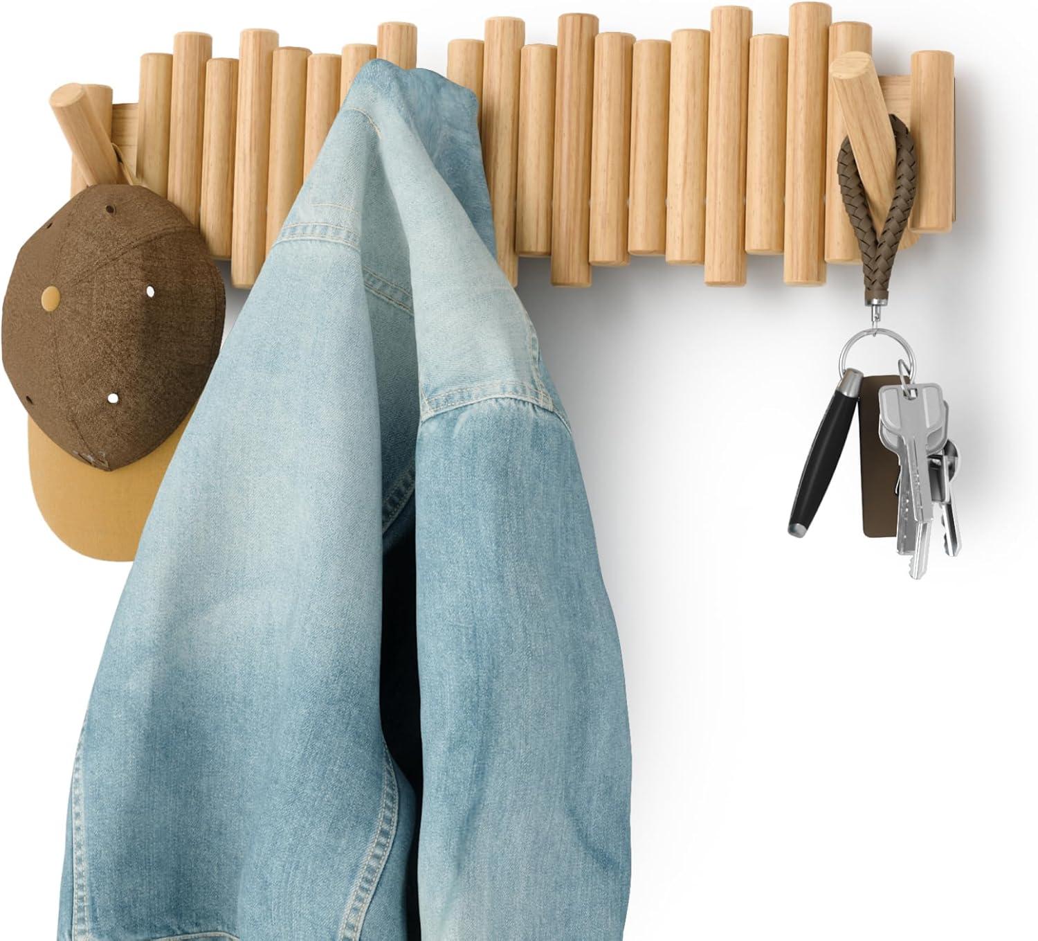 image:imageUmbra Picket Coat Rack with 8 Hooks Walnut WallMounted Coat Rack with FlipDown Wooden Hooks Real Pine Wood Decorative Wall Storage for Jackets Hats Scarves Bags Entryway Bedroom Living RoomNatural