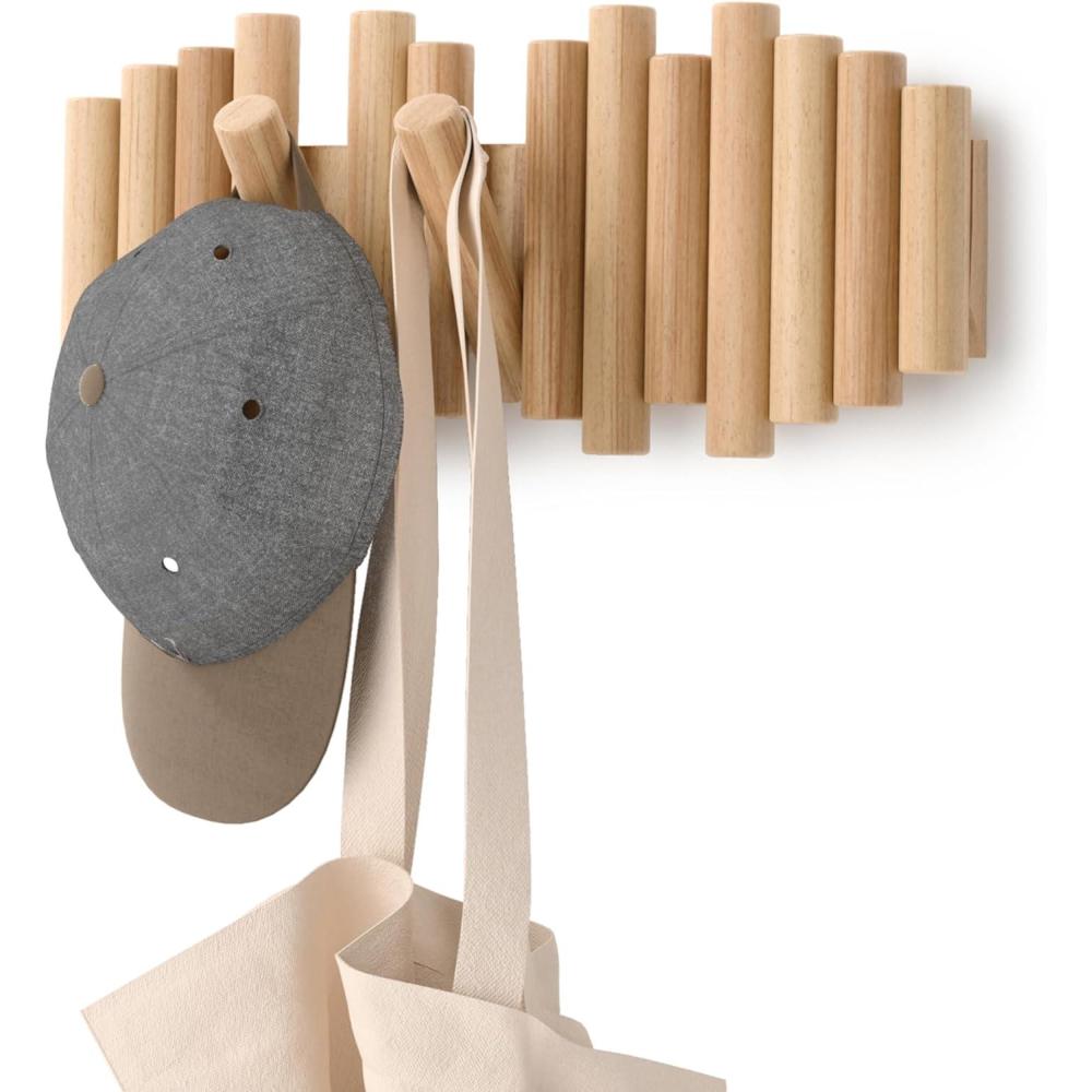 image:imageUmbra Picket Coat Rack with 8 Hooks Walnut WallMounted Coat Rack with FlipDown Wooden Hooks Real Pine Wood Decorative Wall Storage for Jackets Hats Scarves Bags Entryway Bedroom Living RoomNatural