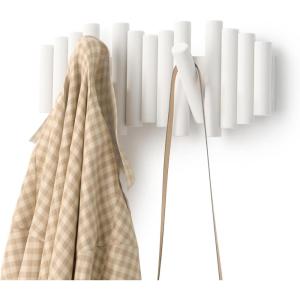 Umbra Picket Coat Rack with 8 Hooks – Walnut Wall-Mounted Coat Rack with Flip-Down Wooden Hooks, Real Pine Wood Decorative Wall Storage for Jackets, Hats, Scarves, Bags, Entryway, Bedroom Living Room(White)