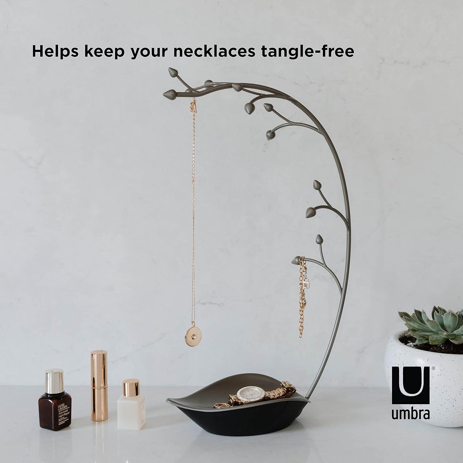 image:imageUmbra Orchid Jewelry Hanging Tree Stand MultiFunctional Necklace Metal Holder Display Organizer Rack With a Ring Dish Tray Great For Organization Can Be Used As Decor Dining Room CenterpieceGun Metal