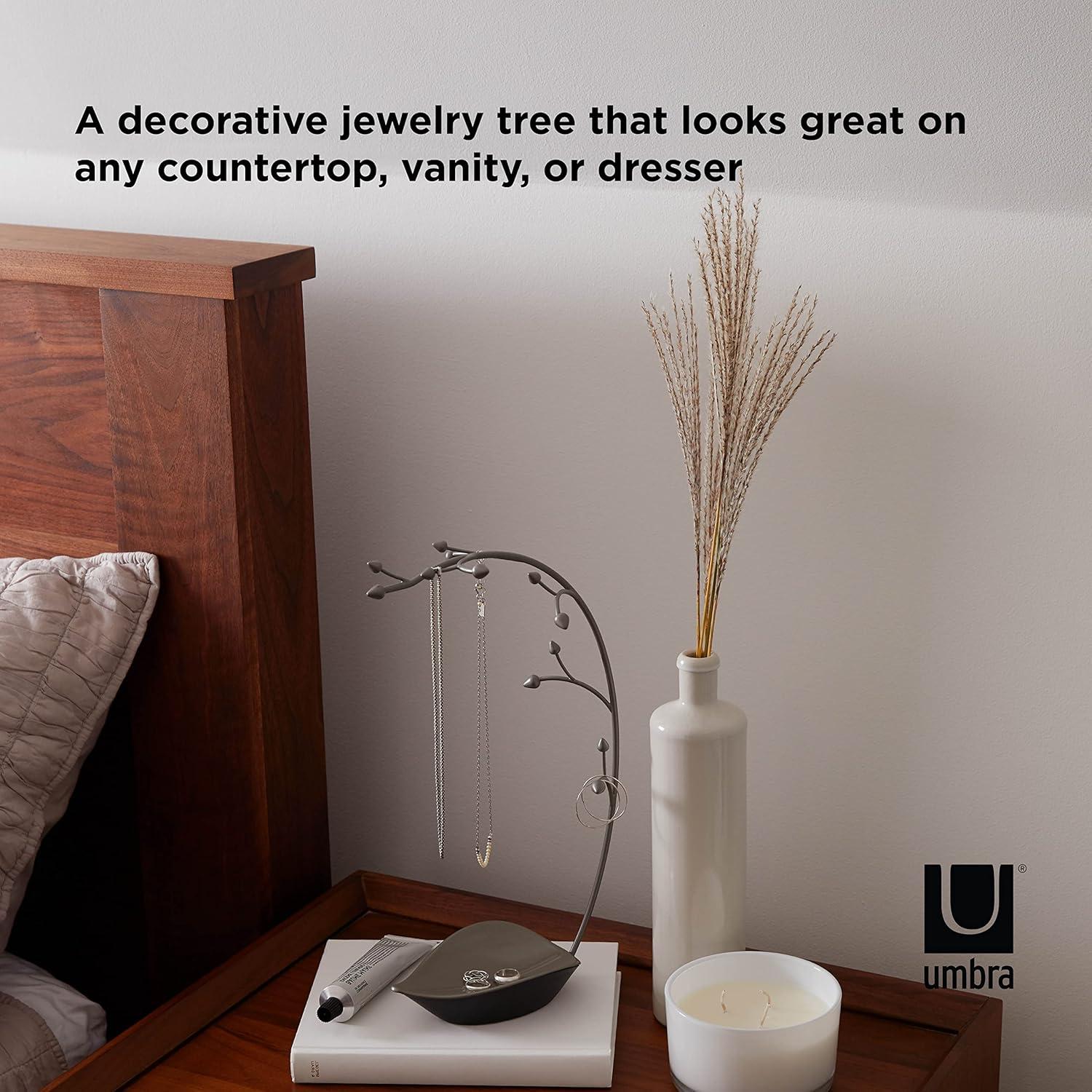 image:imageUmbra Orchid Jewelry Hanging Tree Stand MultiFunctional Necklace Metal Holder Display Organizer Rack With a Ring Dish Tray Great For Organization Can Be Used As Decor Dining Room CenterpieceGun Metal