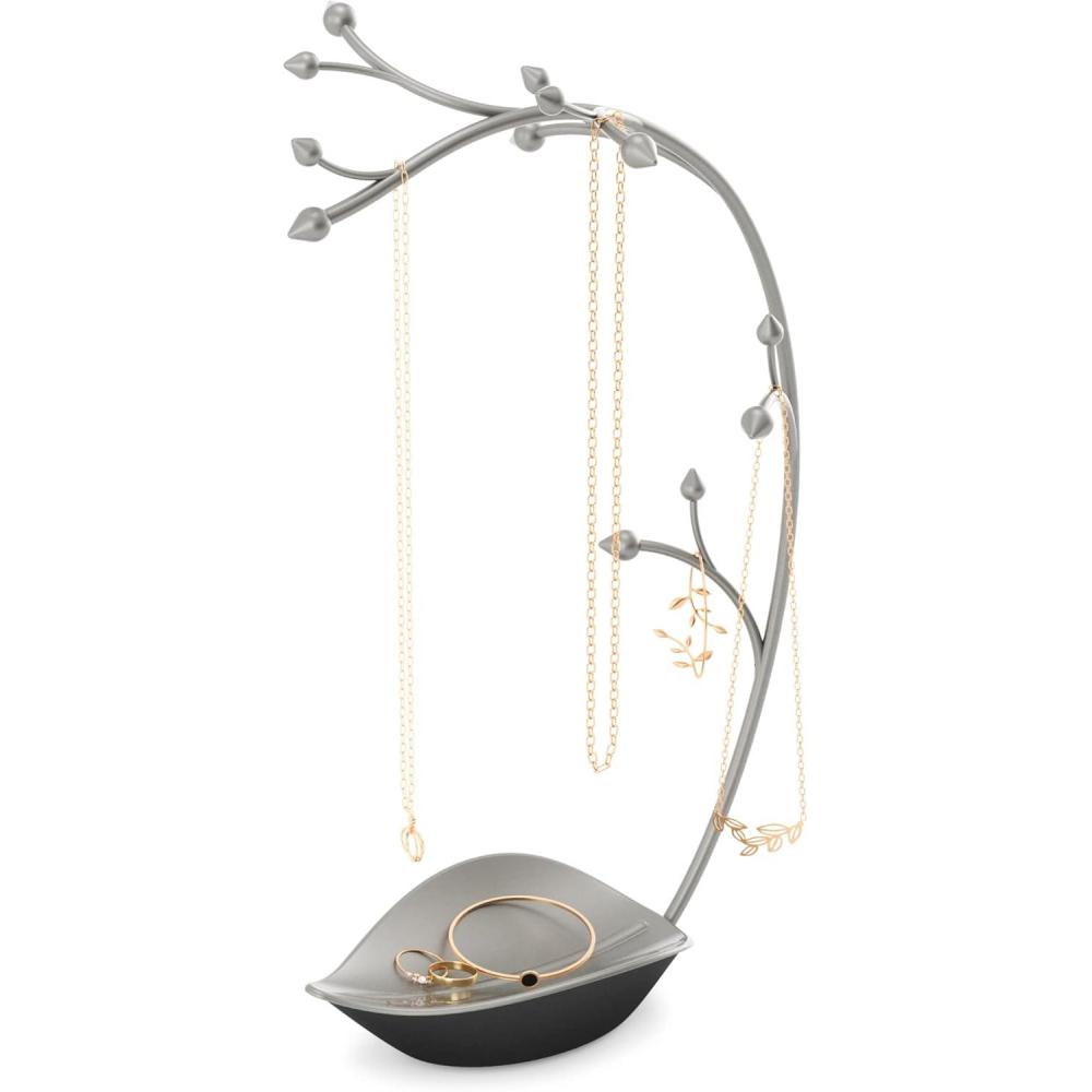 image:imageUmbra Orchid Jewelry Hanging Tree Stand MultiFunctional Necklace Metal Holder Display Organizer Rack With a Ring Dish Tray Great For Organization Can Be Used As Decor Dining Room CenterpieceGun Metal