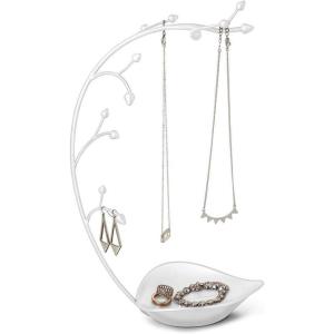 Umbra Orchid Jewelry Hanging Tree Stand – Multi-Functional Necklace Metal Holder Display Organizer Rack With a Ring Dish Tray – Great For Organization – Can Be Used As Decor, Dining Room Centerpiece(White)