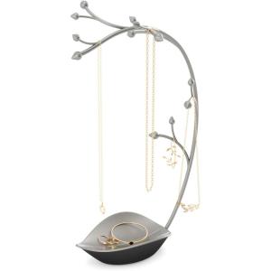 Umbra Orchid Jewelry Hanging Tree Stand – Multi-Functional Necklace Metal Holder Display Organizer Rack With a Ring Dish Tray – Great For Organization – Can Be Used As Decor, Dining Room Centerpiece(Gun Metal)