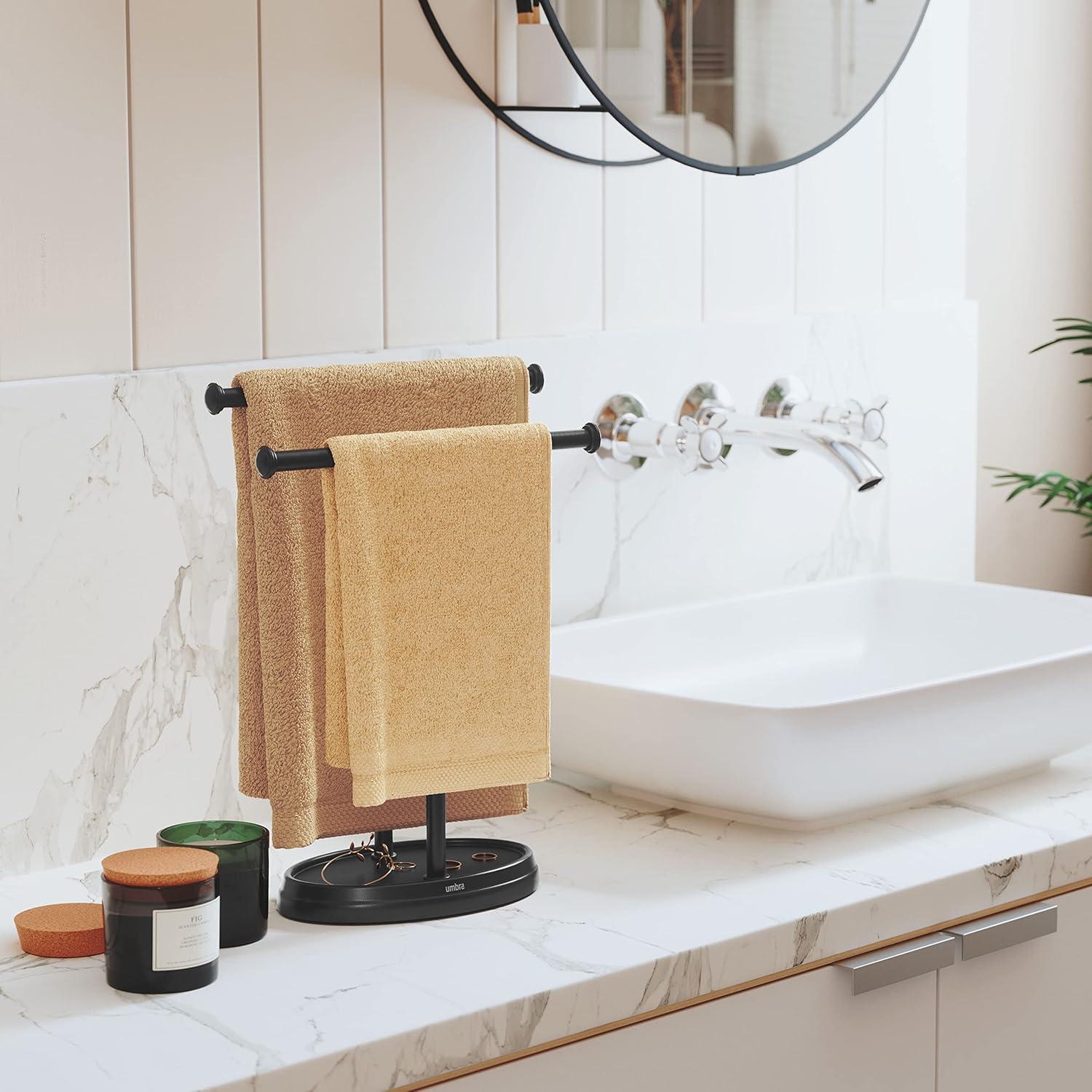 image:imageUmbra Palm Double Hand Towel Tree Brushed Nickel 2 Towels Holder and Accessories Stand for Bathroom Vanities Slim Modern Durable Bars with Base Serves as a Jewelry Tray for RingsBlack