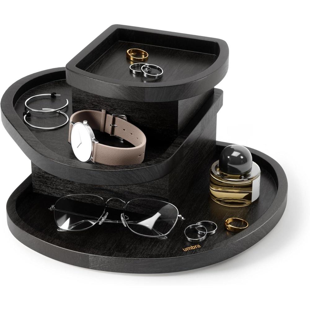image:imageUmbra Cove Storage Box  3Tier Stackable Jewelry Organizer with LinenLined Compartments Wood Tone Finish Modern Decorative Storage for Dresser Nightstand or VanityBlack