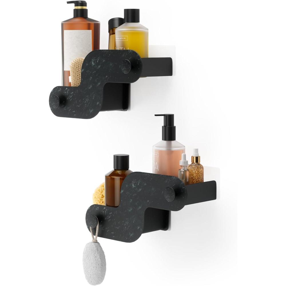 image:imageUmbra Nami Shower Caddy Set of 2 Adhesive Shower Shelf No Drill Wall Mounted Bathroom Organizer RustFree Plastic Shower Storage Baskets for Shampoo amp Toiletries Ocean SandOcean Black