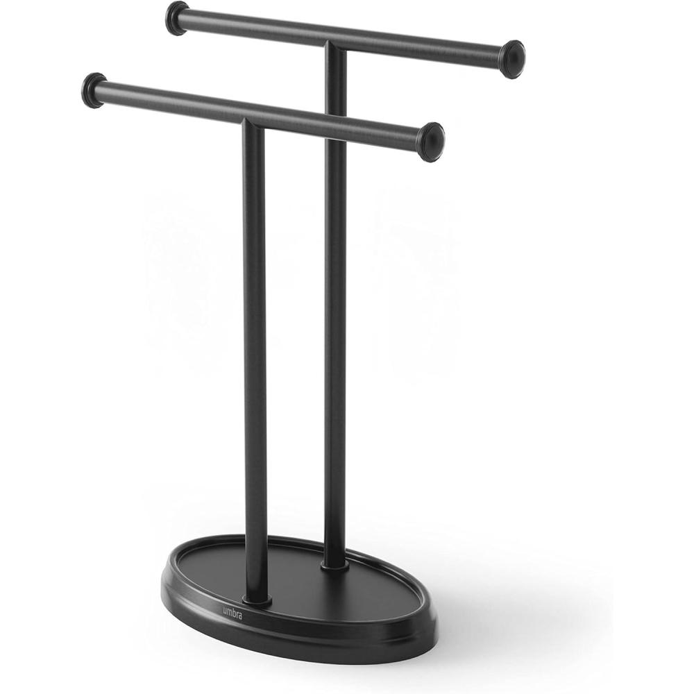 image:imageUmbra Palm Double Hand Towel Tree Brushed Nickel 2 Towels Holder and Accessories Stand for Bathroom Vanities  Slim Modern Durable Bars with Base Serves as a Jewelry Tray for RingsBlack